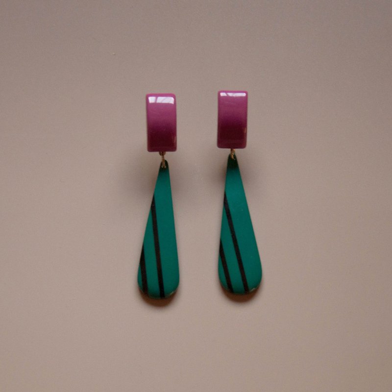 幾何條紋紫綠水滴耳環 - 耳環/耳夾 - 壓克力 紫色