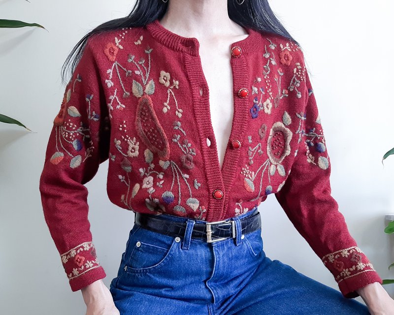 復古 60 年代 3D 花卉刺繡開襟衫 100% 羊毛粗針織開襟衫 - 女毛衣/針織衫 - 羊毛 紅色