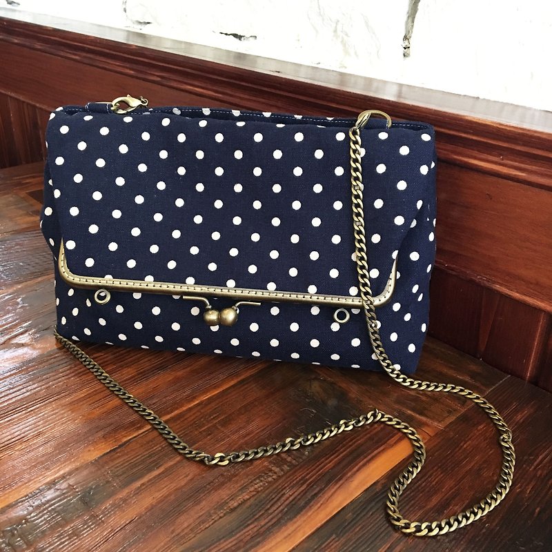 Manual Frame Series -3WAY Foldable Gold Chain Handbag Blue White Point Water Jade - Clutch Bags - Cotton & Hemp Blue