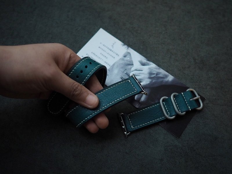 Customized Handmade Lake Blue Leather Double Loop Type AppleWatch Strap/Band. - สายนาฬิกา - หนังแท้ สีน้ำเงิน