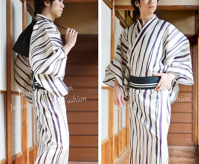 Men Grey Striped Yukata and Obi Belt Set