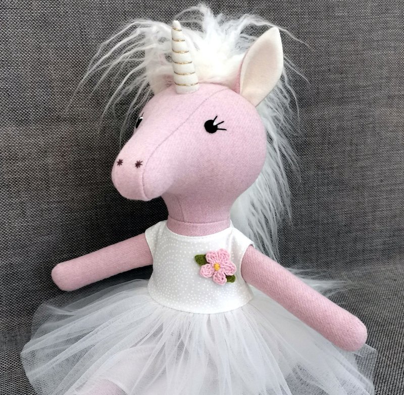 Pink unicorn girl, handmade plush toy, stuffed wool unicorn doll - 公仔/玩偶 - 羊毛 粉紅色