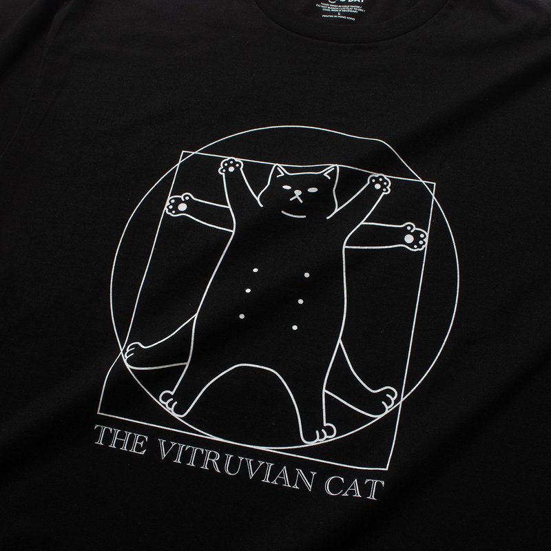 【GOOD DAY】The Vitruvian Cat 圖案Tee (ZT749) - 黑色//白色 - 男 T 恤 - 棉．麻 黑色