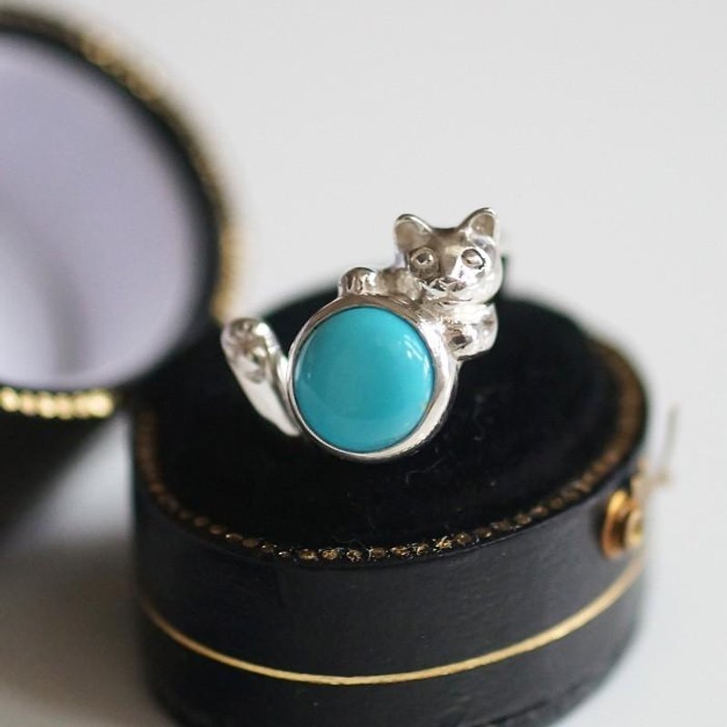Turquoise Cat Ring - แหวนทั่วไป - โลหะ สีเงิน