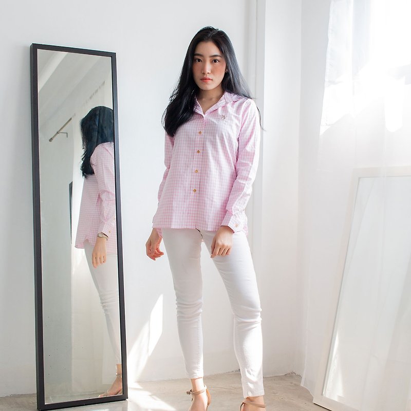 (SIZE S) SWALLOW // pink white check // women long sleeves - Women's Shirts - Cotton & Hemp Pink