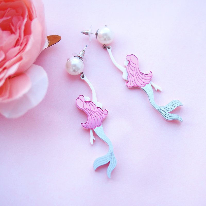 美人魚珍珠耳環 - 耳環/耳夾 - 壓克力 粉紅色