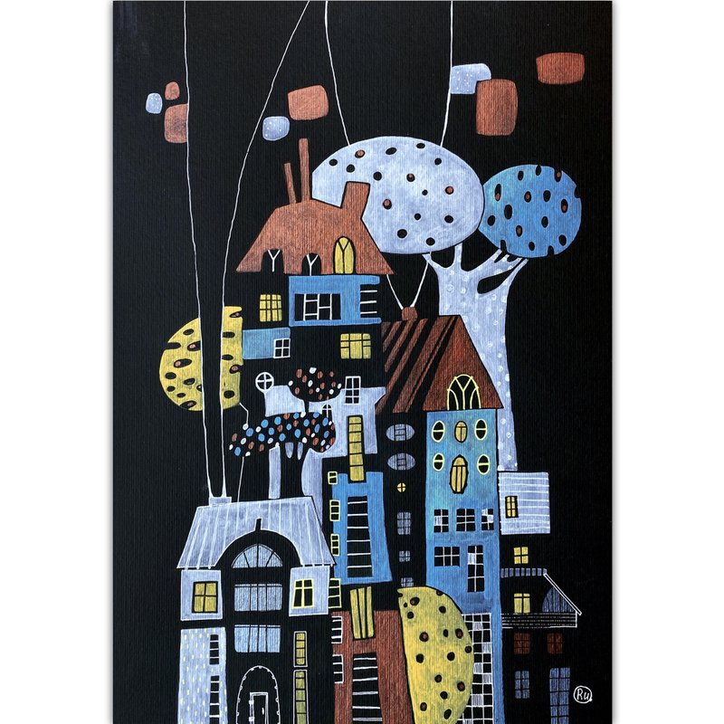 City painting Original art Whimsical artwork Modern wall art Black wall decor - 海報/掛畫/掛布 - 紙 多色