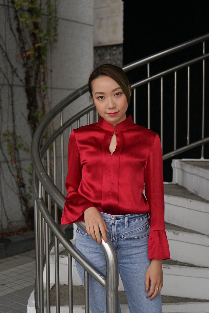 中式荷葉袖緞面襯衫 (深紅色) | 上班衣著 | 香港設計 | 襯衣 - 恤衫 - 其他材質 紅色