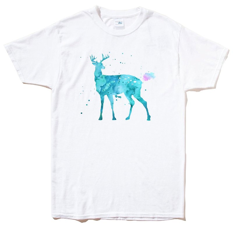 Splash Deer Short Sleeve T-shirt White Elk Color Watercolor Illustration Deer Universe Design Self-made Brand Milky Way Trendy Round Triangle - เสื้อยืดผู้ชาย - ผ้าฝ้าย/ผ้าลินิน ขาว