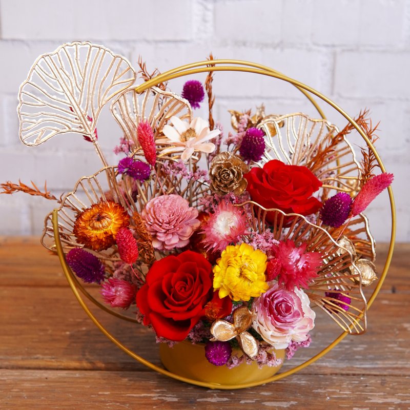 永生系列-紅金色系 金框花器永生桌花  新年永生桌花  新年桌花 - 乾燥花/永生花 - 植物．花 紅色