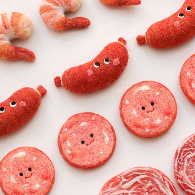 Wool felt hand-made hot pot series ham sausage shrimp snowflake beef original handmade brooch/pin jewelry - Brooches - Wool Red