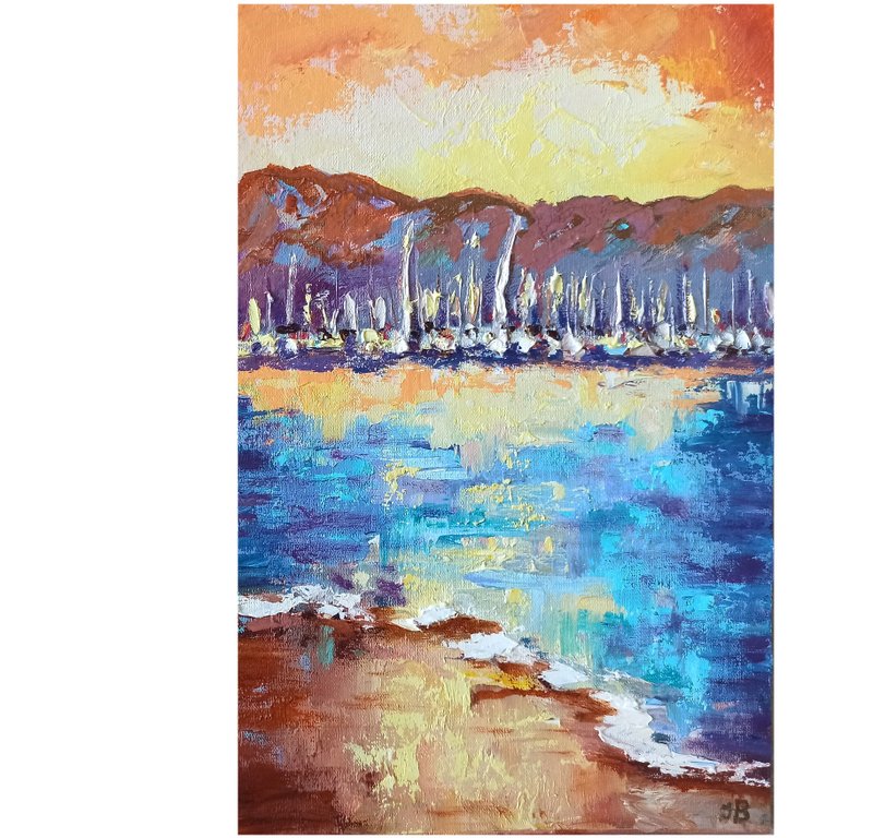 Seascape Sunset Original Oil Painting Sailboats Artwork on Canvas board 30x20cm - 海報/掛畫/掛布 - 其他材質 多色