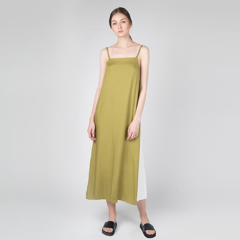 超柔软夏装长款拼接撞色连衣裙 - 洋裝/連身裙 - 聚酯纖維 綠色