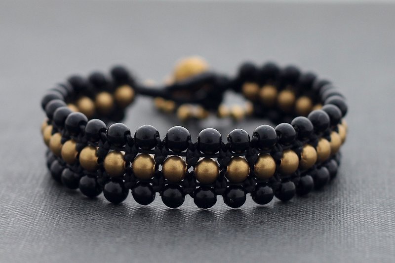 Black Onyx Stone Band Bracelets Brass Simple Obsidian - สร้อยข้อมือ - หิน สีดำ