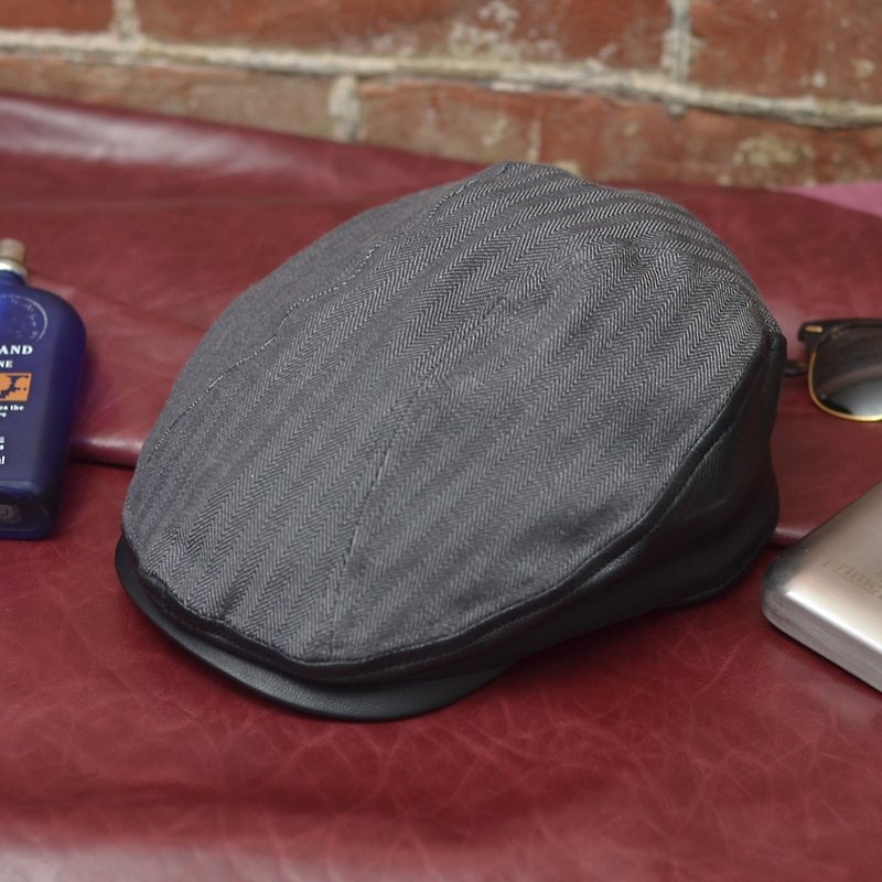 [MAJORLIN] Retro peaked cap, sheepskin patchwork, hunting hat, flat hat, thief hat, beret - หมวก - หนังแท้ สีเทา