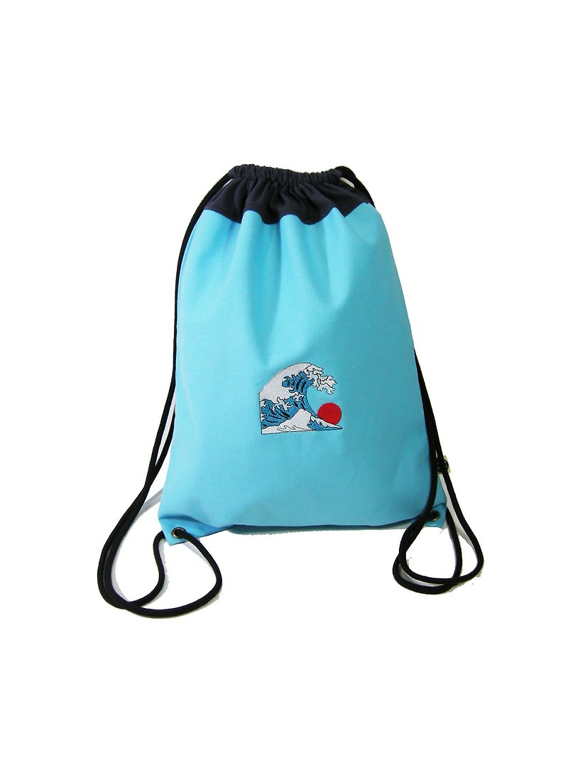 Single-layer spliced back backpack (canvas)__作作zuo zuo hand-made bag - กระเป๋าหูรูด - วัสดุอื่นๆ สีน้ำเงิน
