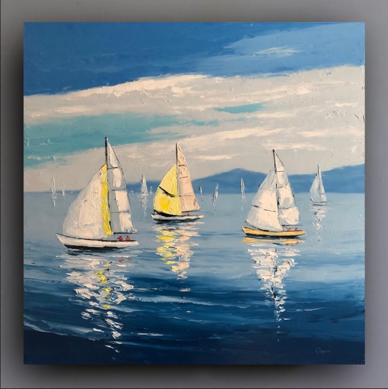 Original Sailboats Painting Seascape Oil Painting On Canvas Ocean Impasto Art - 壁貼/牆壁裝飾 - 棉．麻 多色