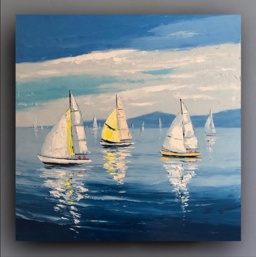 OsipovArtStudio Original Sailboats Painting Seascape Oil Painting On Canvas Ocean Impasto Art