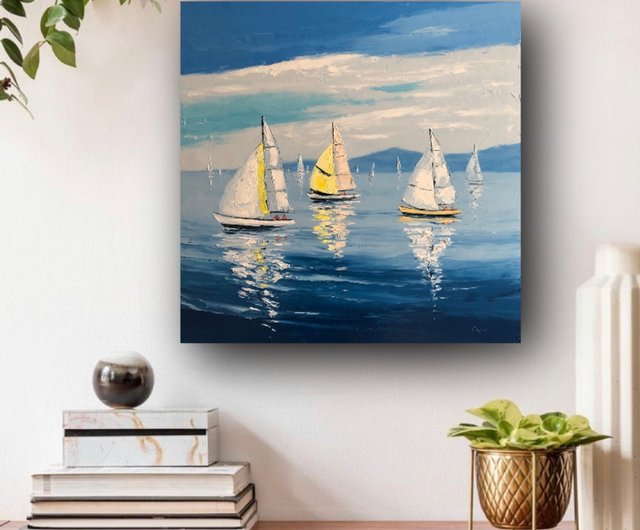 オリジナルの海景ヨットの絵画青い風景油絵インパストアート