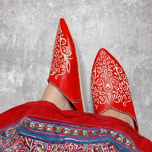 駝峰牌薄荷茶 DoorToMorocco 摩洛哥 balgha 皮雕手工鞋 紅 踩腳鞋 室內鞋