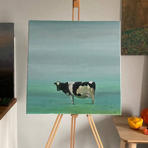 Yackunaite_Art Cow Painting, Original Oil Painting On Canvas,Green Art,Realistic Large Painting