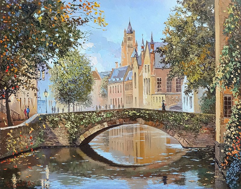 The original painting. The old bridge. The city of Bruges. Belgium. Canvas,oil. - Wall Décor - Other Materials Green