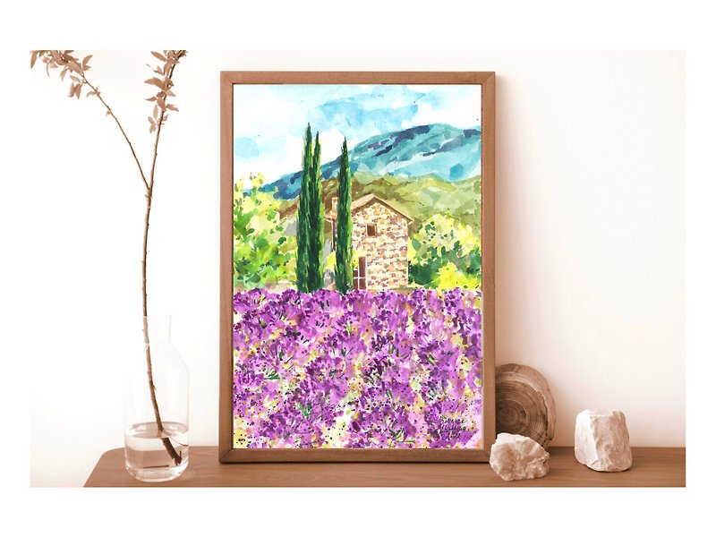 Lavender field Tuscany art Italy Original painting MADE TO ORDER watercolor by A - Wall Décor - Paper Purple