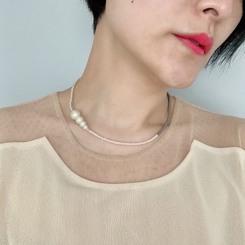 simplestyleca 日本Miyuki 米珠配玻璃珍珠頸鍊 / 項鍊 - 灰配淺粉紅