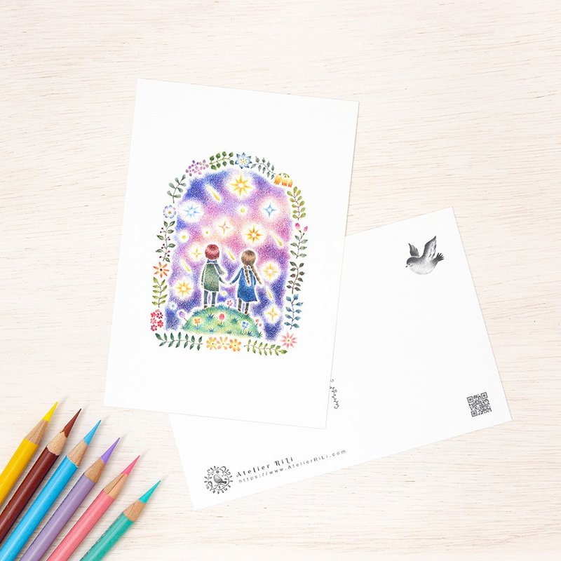 5枚セット。絵本のような。ポストカード "双子の兄妹と流れ星" PC-272 - 卡片/明信片 - 紙 藍色