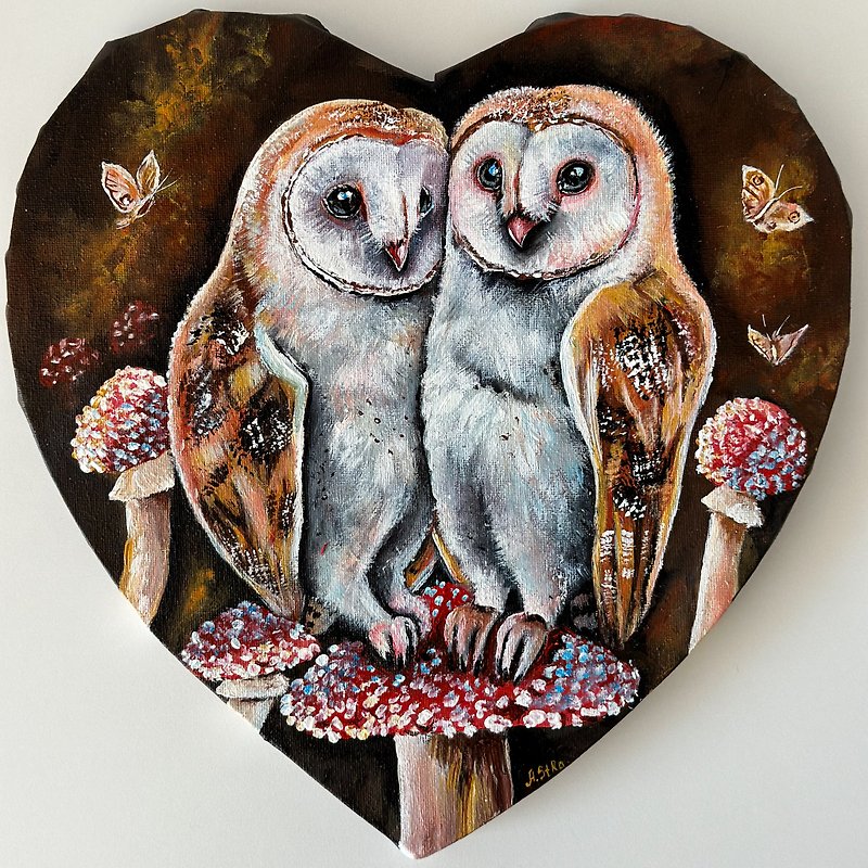 Barn Owl original painting, Owl wall decor, Heart shaped painting, Forest animal - 壁貼/牆壁裝飾 - 棉．麻 咖啡色