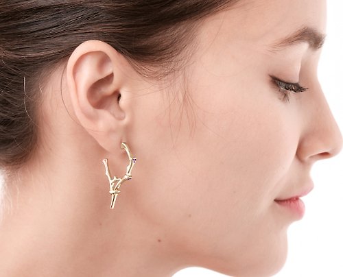 Majade Jewelry Design 坦桑石925純銀圈型耳環 尖刺哥特耳環 分支刺形女巫樹枝型耳環