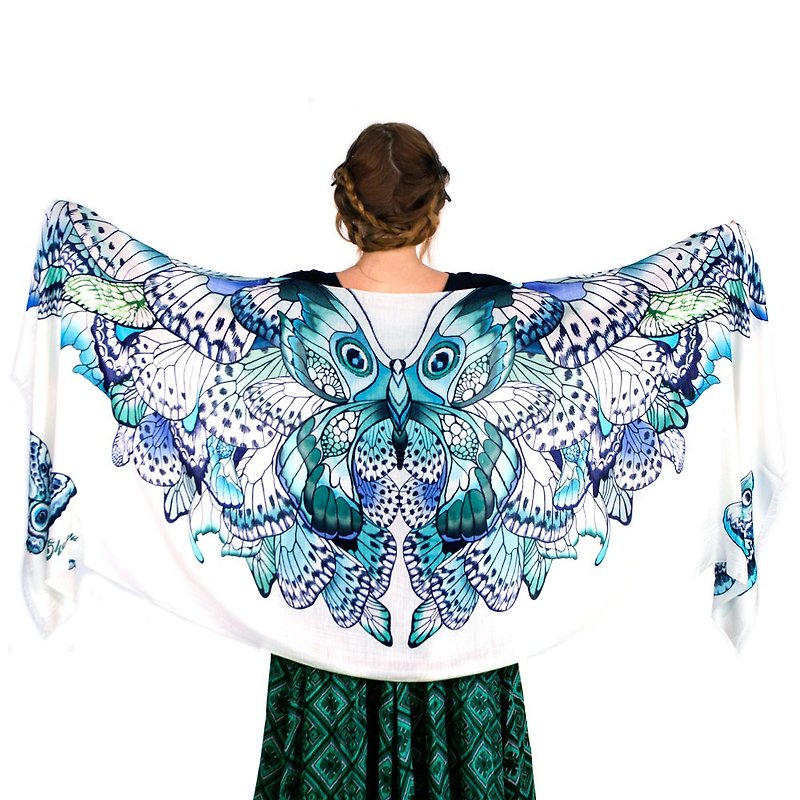 Blue Butterfly -Silk Cashmere - ผ้าพันคอ - ผ้าไหม สีน้ำเงิน