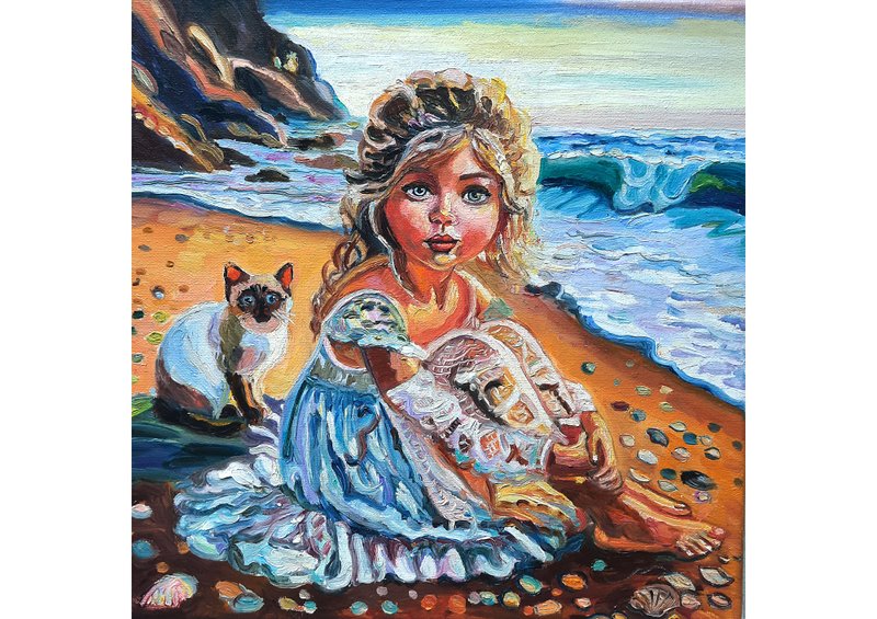 原創畫 Cat  with Girl Painting  Original Art  Oil Painting  Oil On Canvas 30 by30sm - 壁貼/牆壁裝飾 - 其他材質 藍色