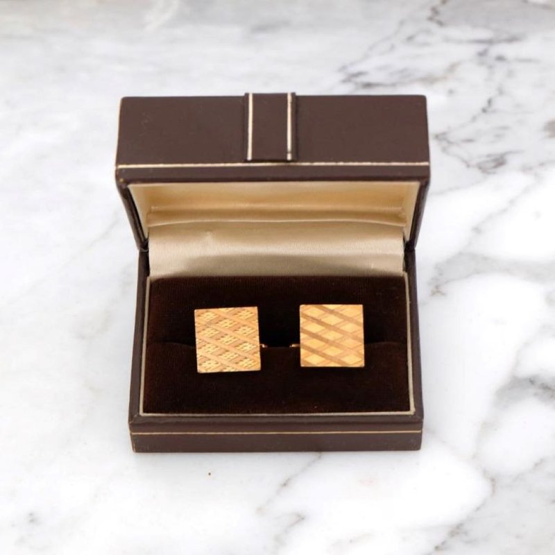 French Vintage Gold-plated Square Cufflinks with Box - กระดุมข้อมือ - เครื่องประดับ สีทอง