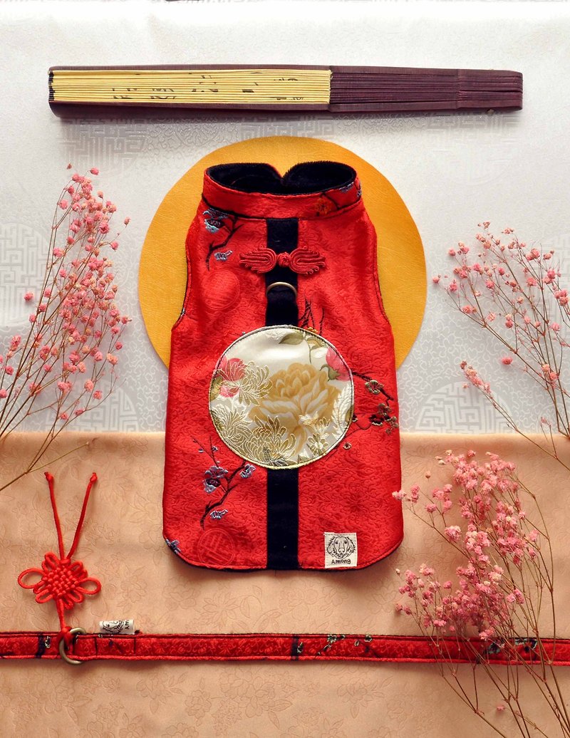 花開月圓 Among胸背衣(冬款絨毛底布) - 寵物衣服 - 棉．麻 紅色