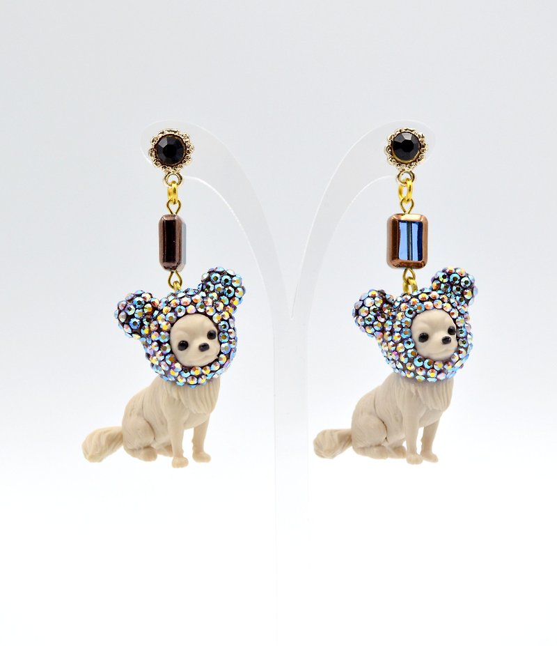Symphony Swarovski Crystal Headgear Puppy Earrings Chihuahua Papillon - ต่างหู - พลาสติก สีกากี