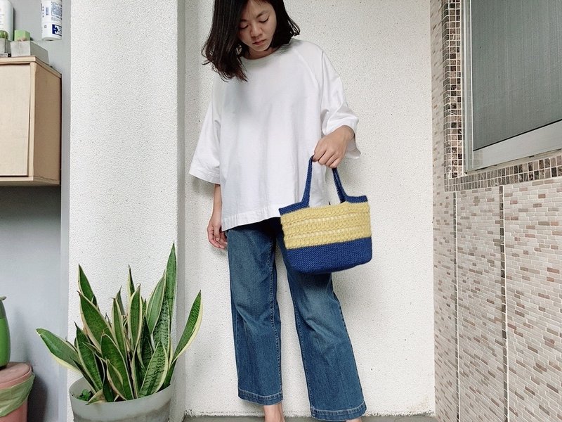 日本製イエローかぎ針編みトートバッグ マスタードイエローとブルー - トートバッグ・ハンドバッグ - コットン・麻 イエロー