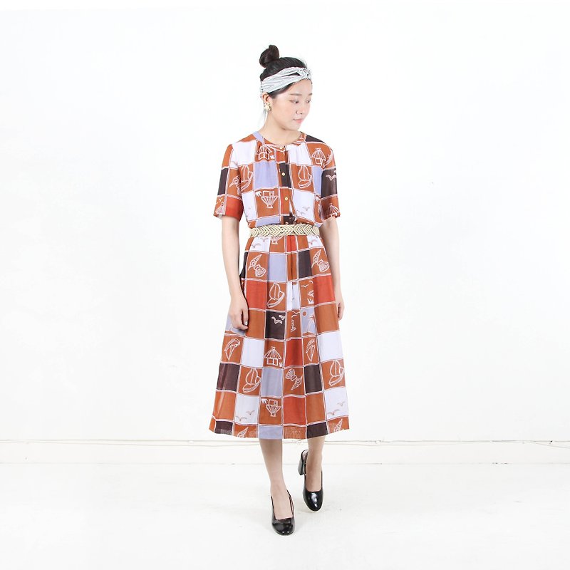 (Eggs and plants vintage) sailing square printing short-sleeved vintage dress - One Piece Dresses - Polyester Orange