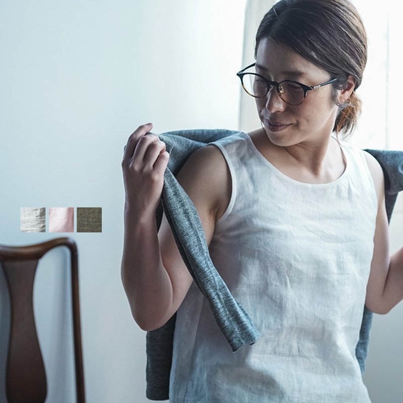 L size - wafu - 亞麻 女裝背心 Lightweight Linen Tank Top / p004b-L - 女上衣/長袖上衣 - 亞麻 粉紅色