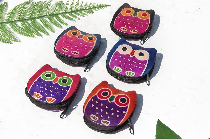 Handmade goatskin coin purse/hand-painted style leather purse/leather pouch/wallet-owl animal bag - Coin Purses - Genuine Leather Multicolor