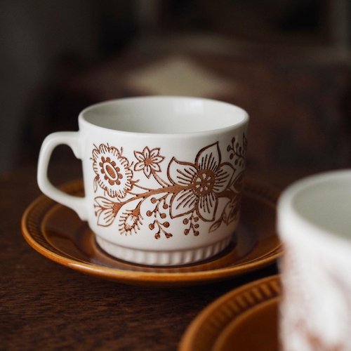 オランダ コーヒカップ＆ソーサー 陶器 ニワトリ 草花 総柄
