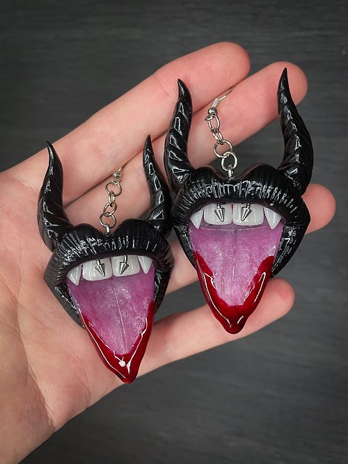 Polymer Diary Earrings. Black lips with horns.