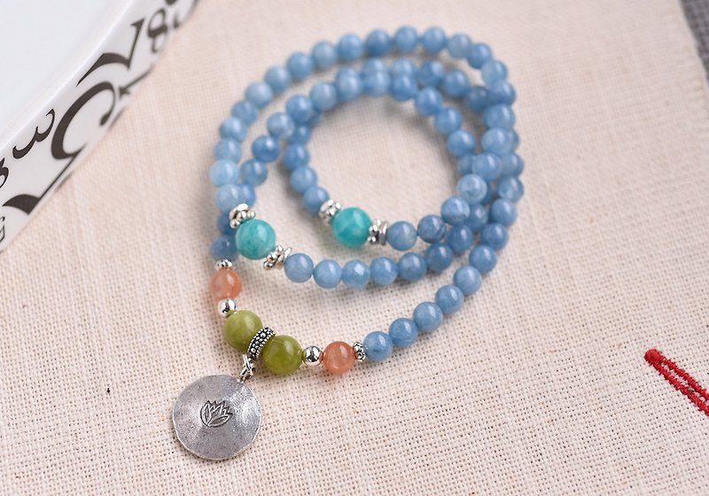 Deep Blue Sapphire + Tianhe Stone + Lotus Tag Sterling Silver Three Circle Bracelet - สร้อยข้อมือ - เครื่องเพชรพลอย สีน้ำเงิน
