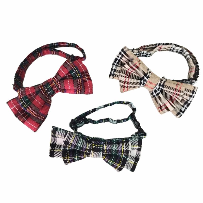 New Tartan Double Bow (3 Colors) - ชุดสัตว์เลี้ยง - ผ้าฝ้าย/ผ้าลินิน หลากหลายสี