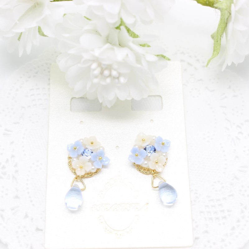 White x blue hydrangea, pearl and bijou earrings - Earrings & Clip-ons - Clay Blue
