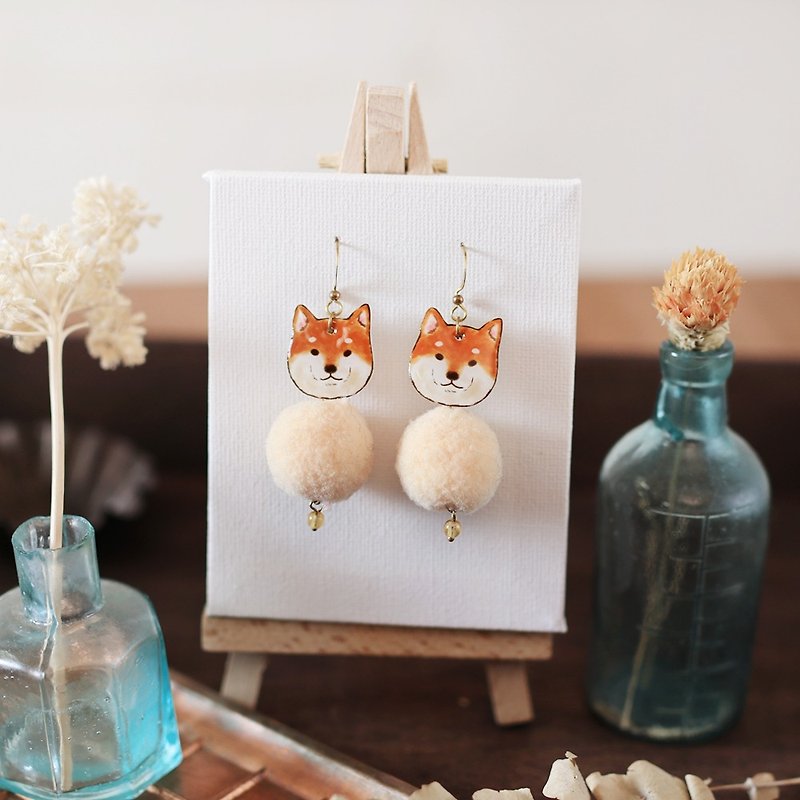 Small animal hair ball handmade earrings - Shiba Inu white hair ball can be changed - Earrings & Clip-ons - Resin Orange