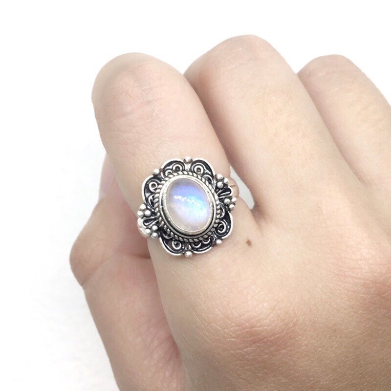 月光石925純銀古典設計戒指 尼泊爾手工鑲嵌製作 - 戒指 - 寶石 藍色