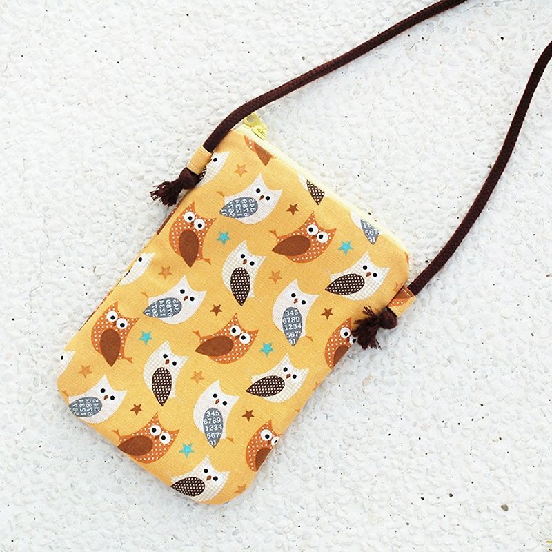 Sparkling Owl Mobile Phone Bag / Left 1 - กระเป๋าแมสเซนเจอร์ - ผ้าฝ้าย/ผ้าลินิน สีส้ม