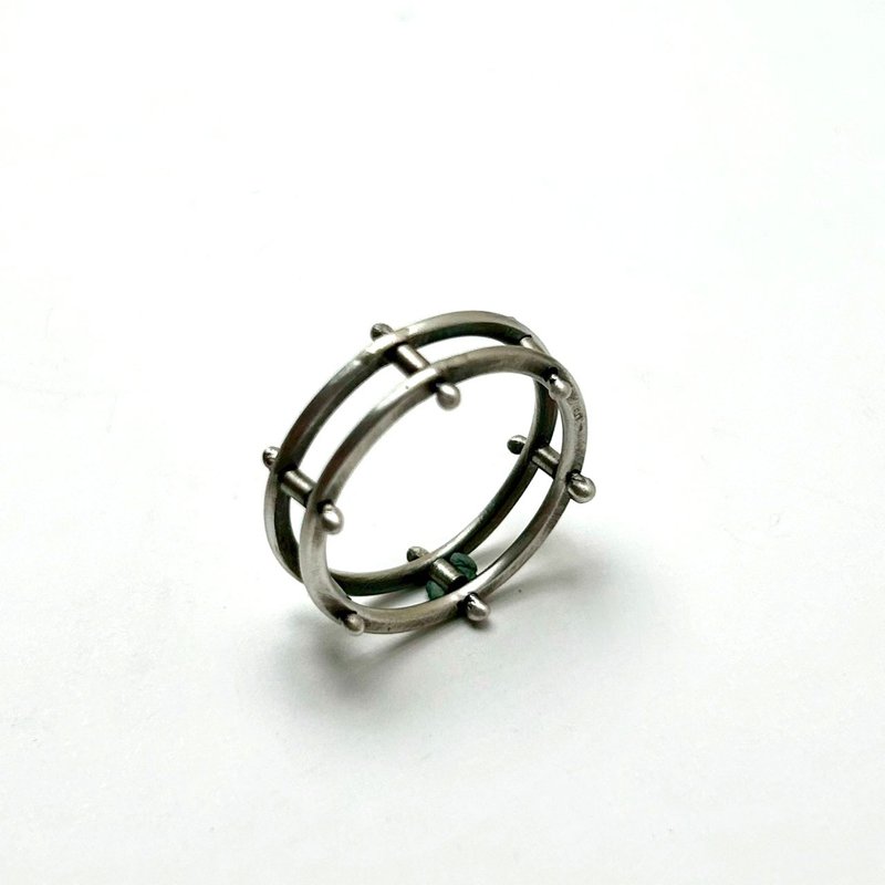 【Line 系列】#a461 鉚釘雙圈戒指(14號)/ 925銀/ 手工禮物/ 客製 - 戒指 - 銀 銀色