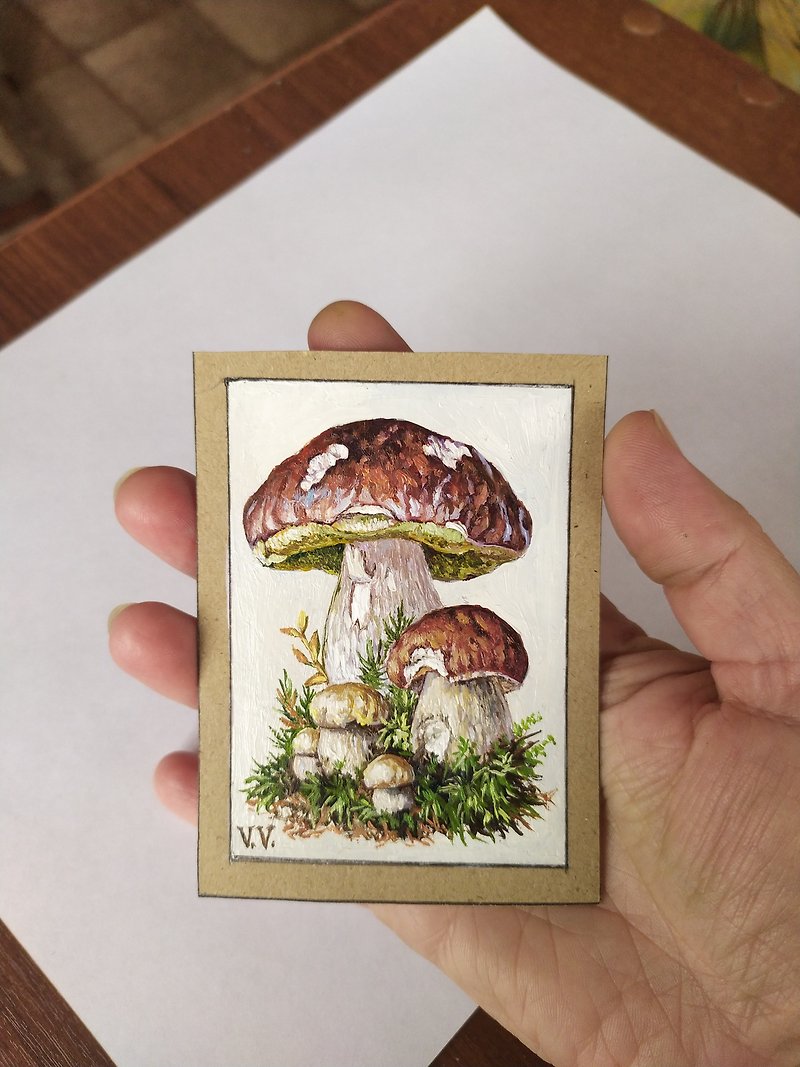 White Mushroom Painting ACEO Original Art Artist Trading Cards Mini Artwork - Posters - Paper White